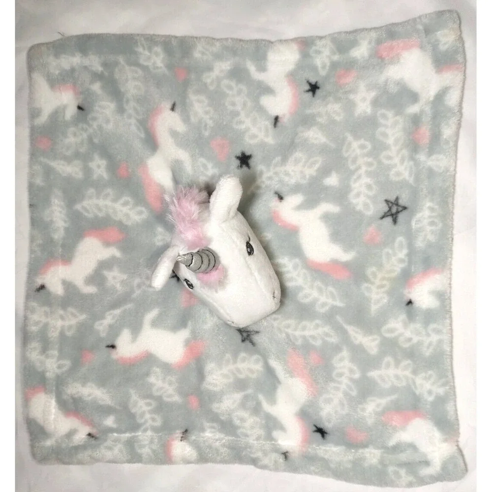 Hudson Baby Gray Pink Unicorn Security Blanket Lovey Fleece LN Girl Star White